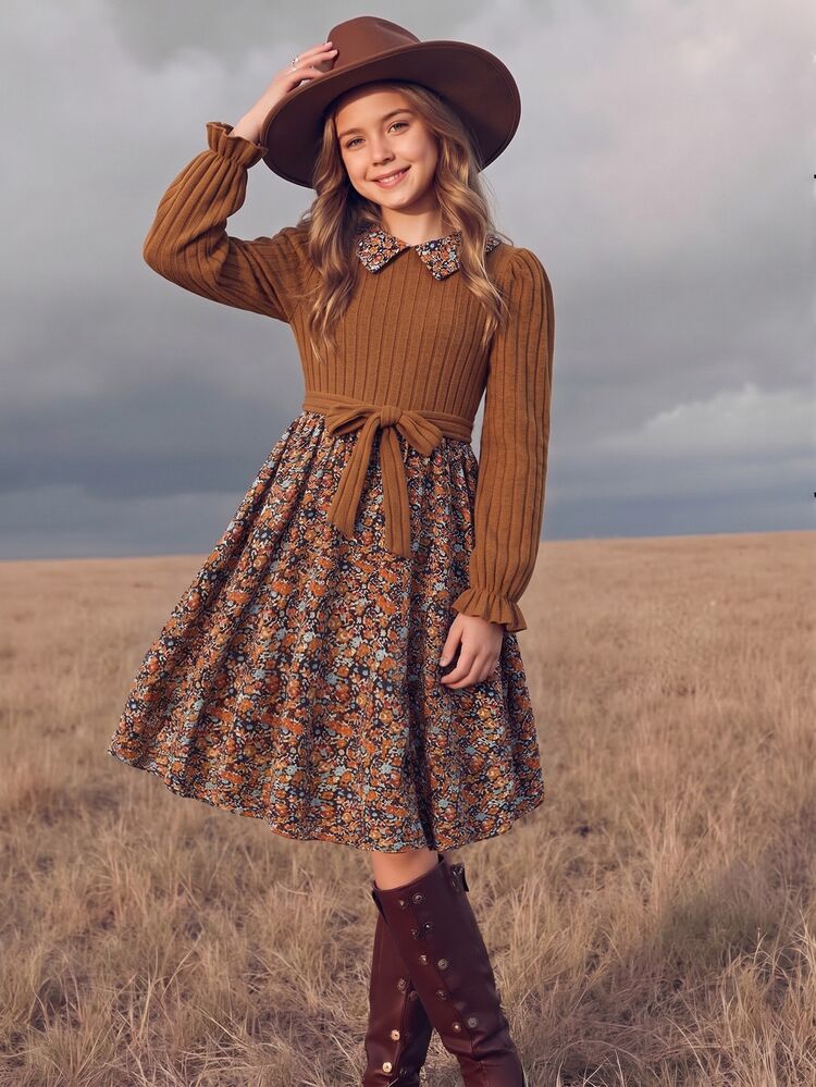 SHEIN 1pc Tween Girl Autumn/Winter Casual Ditsy Floral Brushed Ribbed Dress, Long Sleeve Puff Sleeve 2 In 1 A-Line Skirt With Belt, Everyday Outing Casual Dress - Brown - View 1