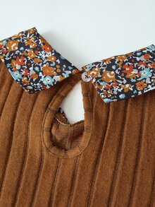 SHEIN 1件大女孩秋冬休閒碎花磨毛羅紋連身裙，長袖泡泡袖 2合1 A字裙附腰帶，日常外出休閒洋裝 - 棕色 - 查看 7