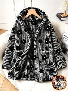青少年女孩秋冬款黑白條紋花卉抓絨連帽開襟長袖中長外套，寬鬆牛仔風校園外衣 - 黑與白 - 查看 4