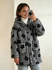 青少年女孩秋冬款黑白條紋花卉抓絨連帽開襟長袖中長外套，寬鬆牛仔風校園外衣 - 黑與白 - 查看 3