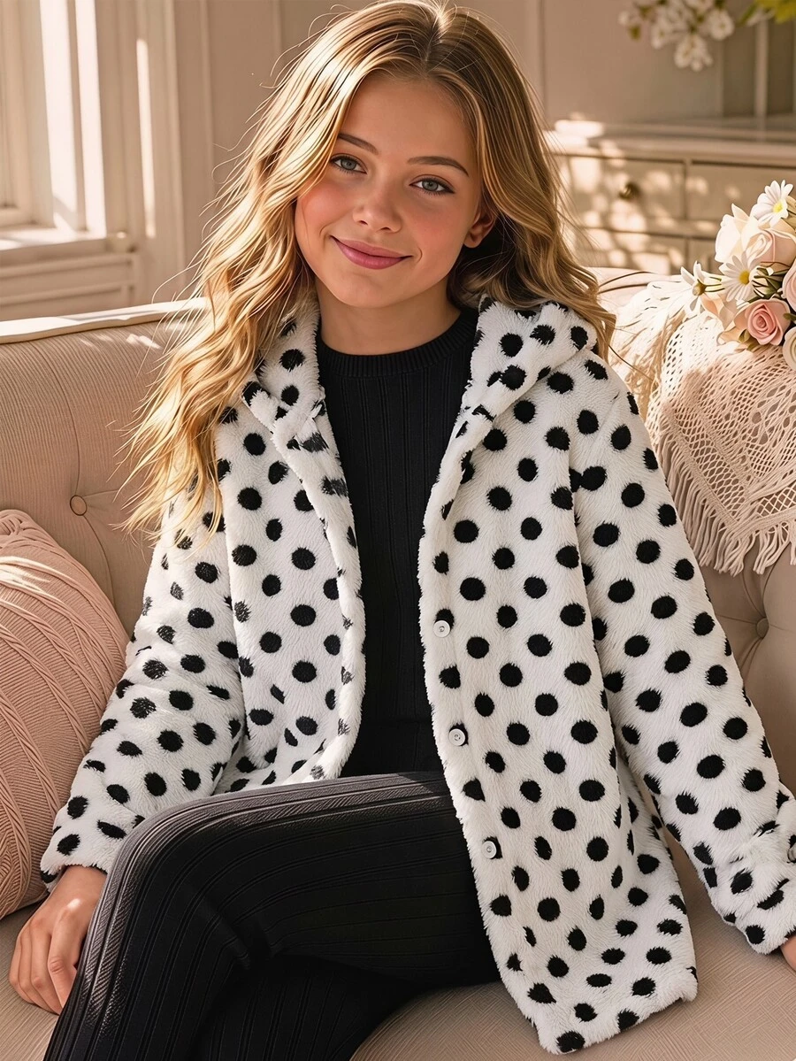 SHEIN معطف فتيات بغطاء رأس من الصوف السميك بنقاط بولكا عتيقة بطول متوسط للخريف/الشتاء، ملابس الخريف - أبيض وأسود - مشاهدة 1