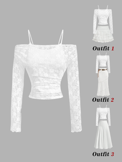 SHEIN MOD Conjunto de 2 peças de top branco em renda transparente com ombros à mostra e manga comprida e camisola