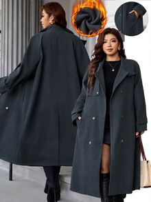 Reflora Plus Size Women's Solid Color Lapel Neck Long Sleeve Double Breasted Casual Overcoat Winter - Dark Grey - View 5