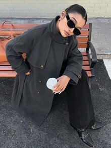 Reflora Plus Size Women's Solid Color Lapel Neck Long Sleeve Double Breasted Casual Overcoat Winter - Dark Grey - View 6