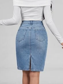 Balvessa Rok Denim Kasual Wanita dengan Kantong - Biru - View 2