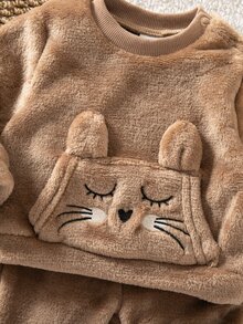 SHEIN 新生女嬰卡通刺繡3D耳朵設計運動衫與秋冬長褲套裝 - 駝色 - 查看 4