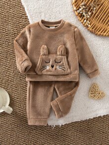 SHEIN 新生女嬰卡通刺繡3D耳朵設計運動衫與秋冬長褲套裝 - 駝色 - 查看 2