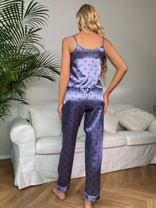 SHEIN Casual Underwear&Sleepwear Allover Heart Print Satin PJ Set / Pajama Set - Blue - View 2