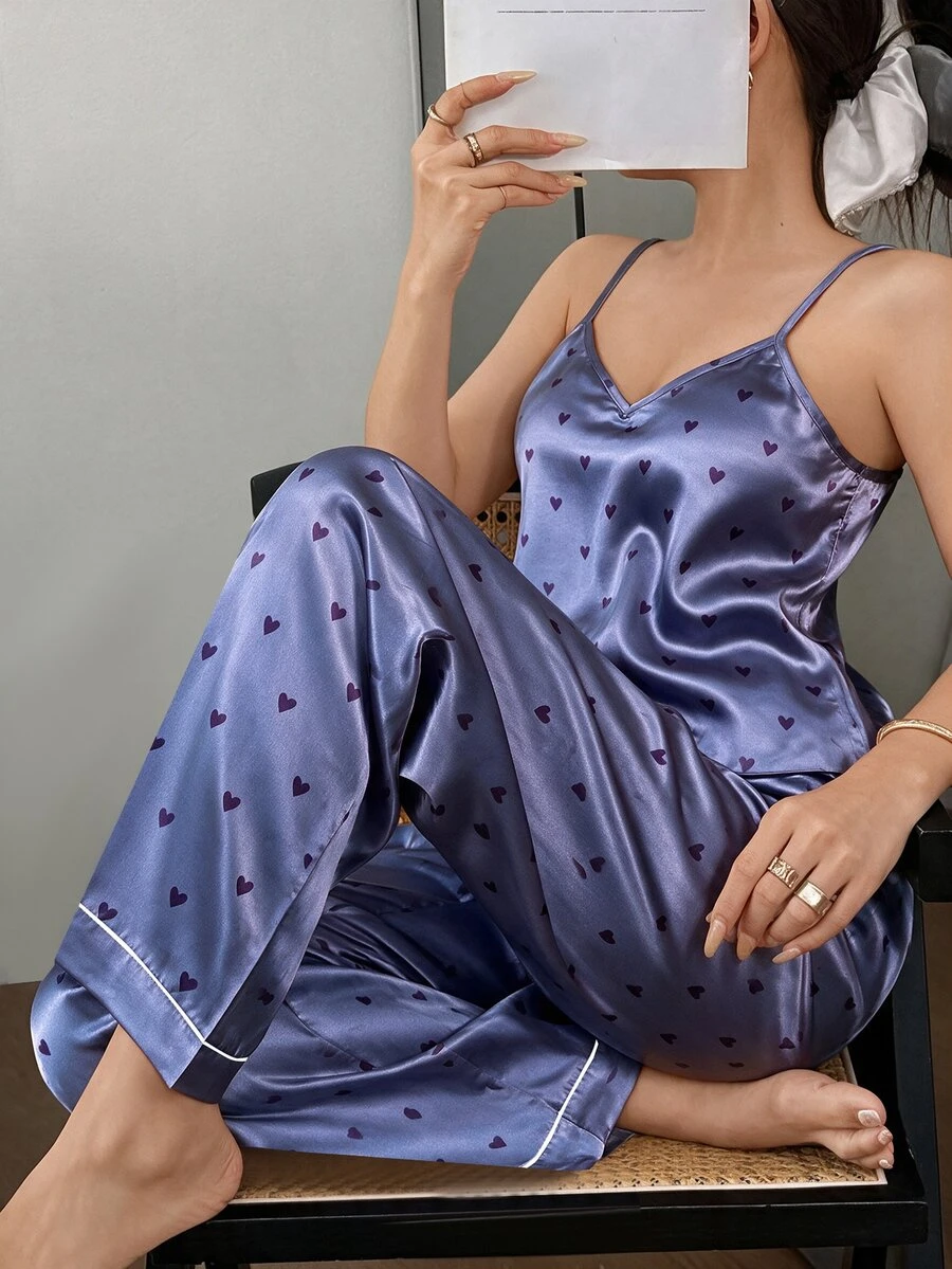 SHEIN Casual Underwear&Sleepwear Allover Heart Print Satin PJ Set / Pajama Set - Blue - View 1
