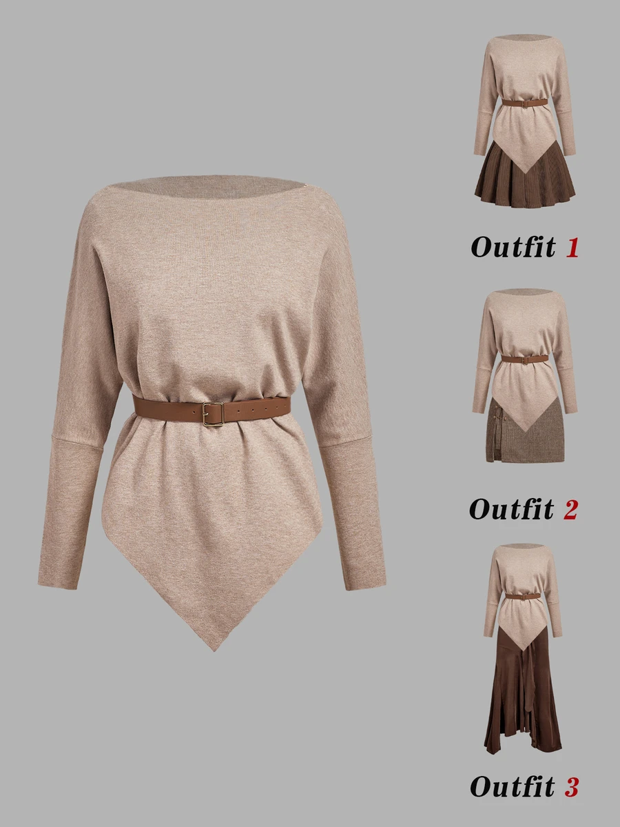 SHEIN MOD Sweater Lengan Panjang Wanita Warna Polos Kasual Serbaguna untuk Pemakaian Sehari-hari - Unta - View 1