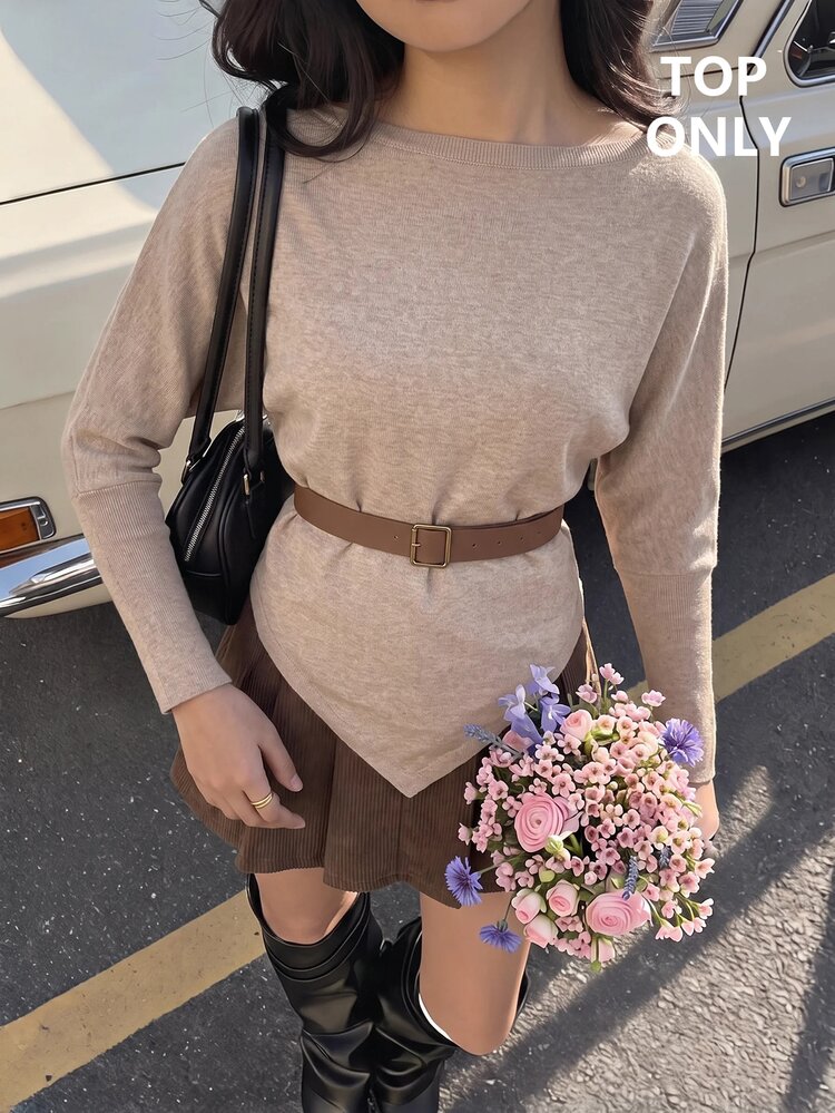 SHEIN MOD 女款素色休閒百搭日常穿著長袖針織衫 - 駝色 - 查看 2