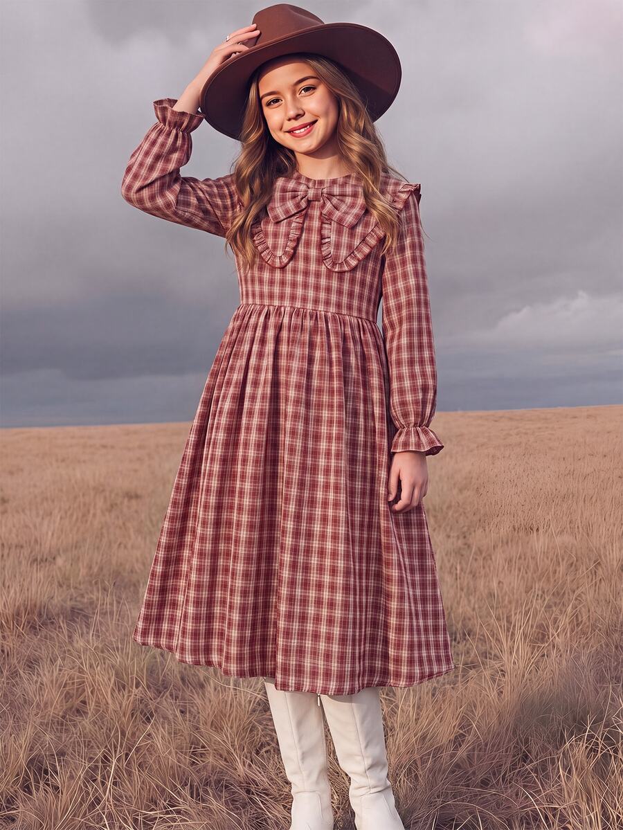 Tween Girl Tween Girls Long Sleeve Plaid Cinched Waist Bow Exaggerated Collar Long Dress Autumn/Winter - Red - View 1