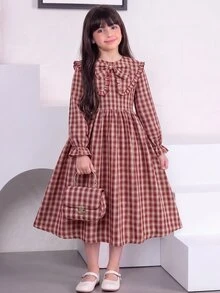 Tween女孩長袖格紋收腰蝴蝶結誇張領長洋裝 秋冬款 - 紅色 - 查看 9