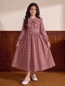 Tween女孩長袖格紋收腰蝴蝶結誇張領長洋裝 秋冬款 - 紅色 - 查看 10