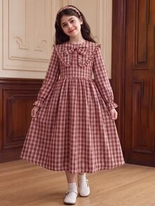 Tween女孩長袖格紋收腰蝴蝶結誇張領長洋裝 秋冬款 - 紅色 - 查看 12