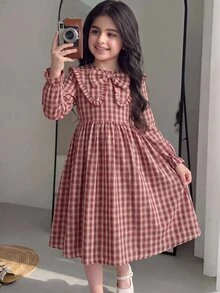 Tween女孩長袖格紋收腰蝴蝶結誇張領長洋裝 秋冬款 - 紅色 - 查看 8