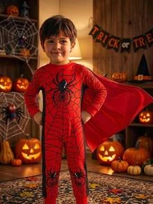 SHEIN Boys' Fitted One-Piece Long Sleeve Long Pants Comfortable Pajamas Loungewear, Spider Web Spider Hero Graphic Print - Multicolor - View 7