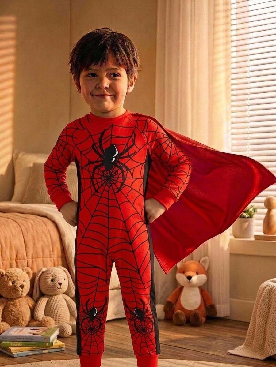 SHEIN Boys' Fitted One-Piece Long Sleeve Long Pants Comfortable Pajamas Loungewear, Spider Web Spider Hero Graphic Print