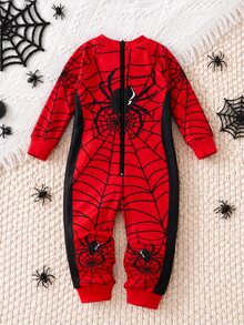 SHEIN Boys' Fitted One-Piece Long Sleeve Long Pants Comfortable Pajamas Loungewear, Spider Web Spider Hero Graphic Print - Multicolor - View 3