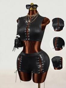 Mistrie Women's Coated Sexy Techno Criss-Cross Strappy 2 Pieces Set Halloween Club Concert Rave Night Out Black Summer - Black - View 2
