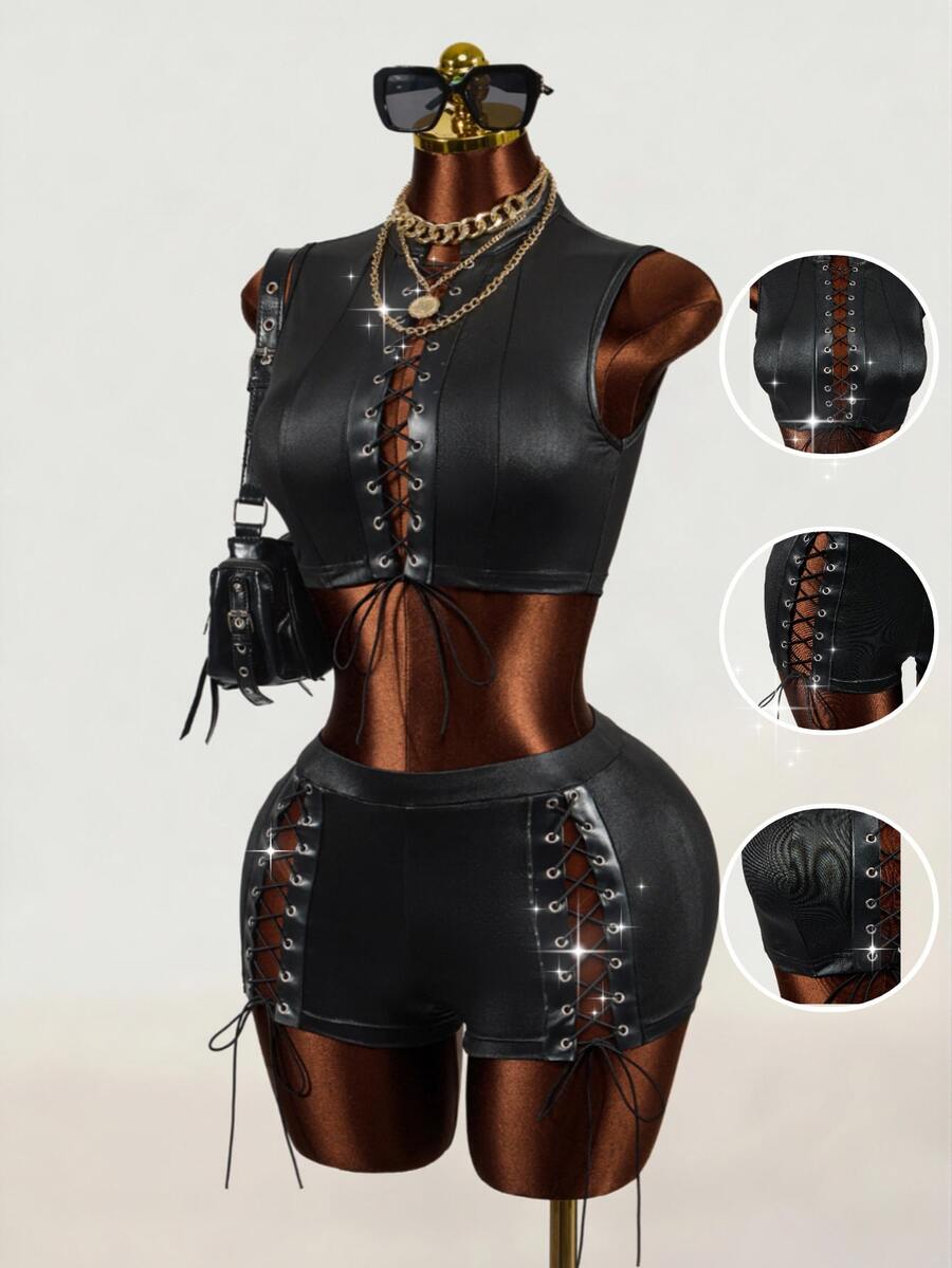 Mistrie Women's Coated Sexy Techno Criss-Cross Strappy 2 Pieces Set Halloween Club Concert Rave Night Out Black Summer
