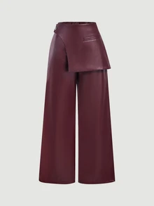 SHEIN MOD 女款酒紅色PU拼接正式長褲，適合返校季、秋冬服飾、萬聖節裝扮、外出、派對、聖誕節、新年 - 酒紅色 - 查看 4