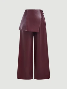 SHEIN MOD 女款酒紅色PU拼接正式長褲，適合返校季、秋冬服飾、萬聖節裝扮、外出、派對、聖誕節、新年 - 酒紅色 - 查看 5
