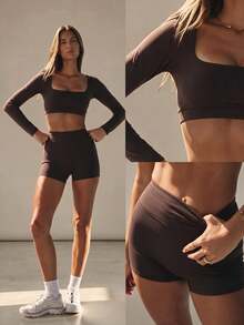 SHEIN Sports Women's Spring/Summer/Autumn Premium Yoga Running Outdoor Long Sleeve Cropped Backless Adjustable Sports Top With Tummy Control Butt Lifting Fitness Workout Shorts Set - Brown - View 2