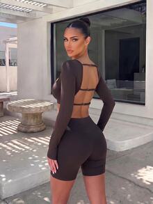SHEIN Sports Women's Spring/Summer/Autumn Premium Yoga Running Outdoor Long Sleeve Cropped Backless Adjustable Sports Top With Tummy Control Butt Lifting Fitness Workout Shorts Set - Brown - View 6