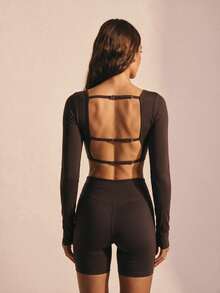 SHEIN Sports Women's Spring/Summer/Autumn Premium Yoga Running Outdoor Long Sleeve Cropped Backless Adjustable Sports Top With Tummy Control Butt Lifting Fitness Workout Shorts Set - Brown - View 3