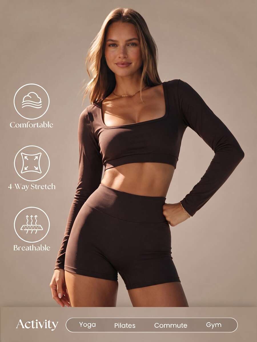 SHEIN Sports Women's Spring/Summer/Autumn Premium Yoga Running Outdoor Long Sleeve Cropped Backless Adjustable Sports Top With Tummy Control Butt Lifting Fitness Workout Shorts Set - Brown - View 1