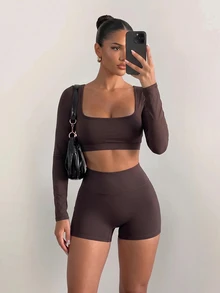 SHEIN Sports Women's Spring/Summer/Autumn Premium Yoga Running Outdoor Long Sleeve Cropped Backless Adjustable Sports Top With Tummy Control Butt Lifting Fitness Workout Shorts Set - Brown - View 4