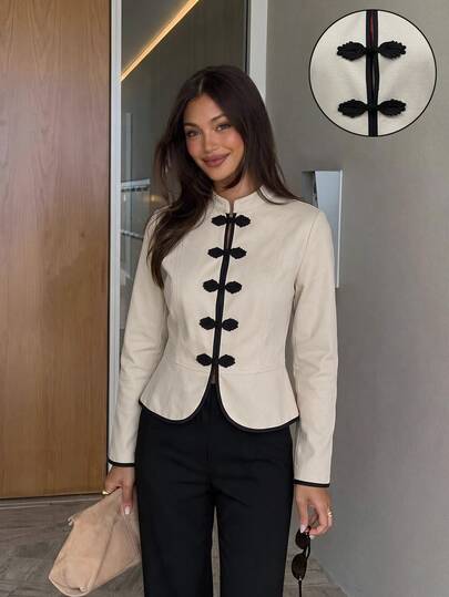 Siren Gaze Women's Stand Collar Frog Button Casual Vintage Elegant Versatile Daily Travel Long Sleeve Jacket Daytime Festive Black And White Fall Dinner