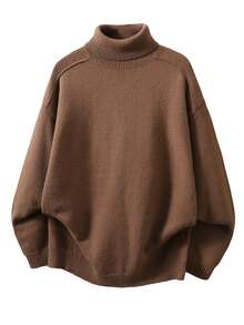 Manfinity CasualKnits Sweater Pria Model Vintage Fashion Kerah Tinggi Lengan Panjang untuk Pakaian Sehari-hari, Festival, Musim Gugur/Dingin, Terbaru - Coklat - View 4