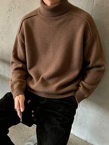 Manfinity CasualKnits Sweater Pria Model Vintage Fashion Kerah Tinggi Lengan Panjang untuk Pakaian Sehari-hari, Festival, Musim Gugur/Dingin, Terbaru - Coklat - View 1