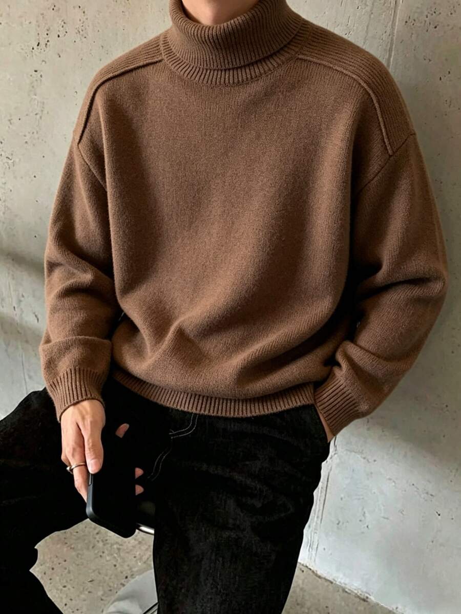 Manfinity CasualKnits Sweater Pria Model Vintage Fashion Kerah Tinggi Lengan Panjang untuk Pakaian Sehari-hari, Festival, Musim Gugur/Dingin, Terbaru - Coklat - View 1