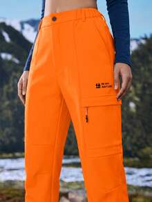 SHEIN Sports Celana Hiking Wanita dengan Motif Huruf, Kantong Resleting, Potongan Longgar, dan Lapisan Bulu Domba - Coral Orange - View 8