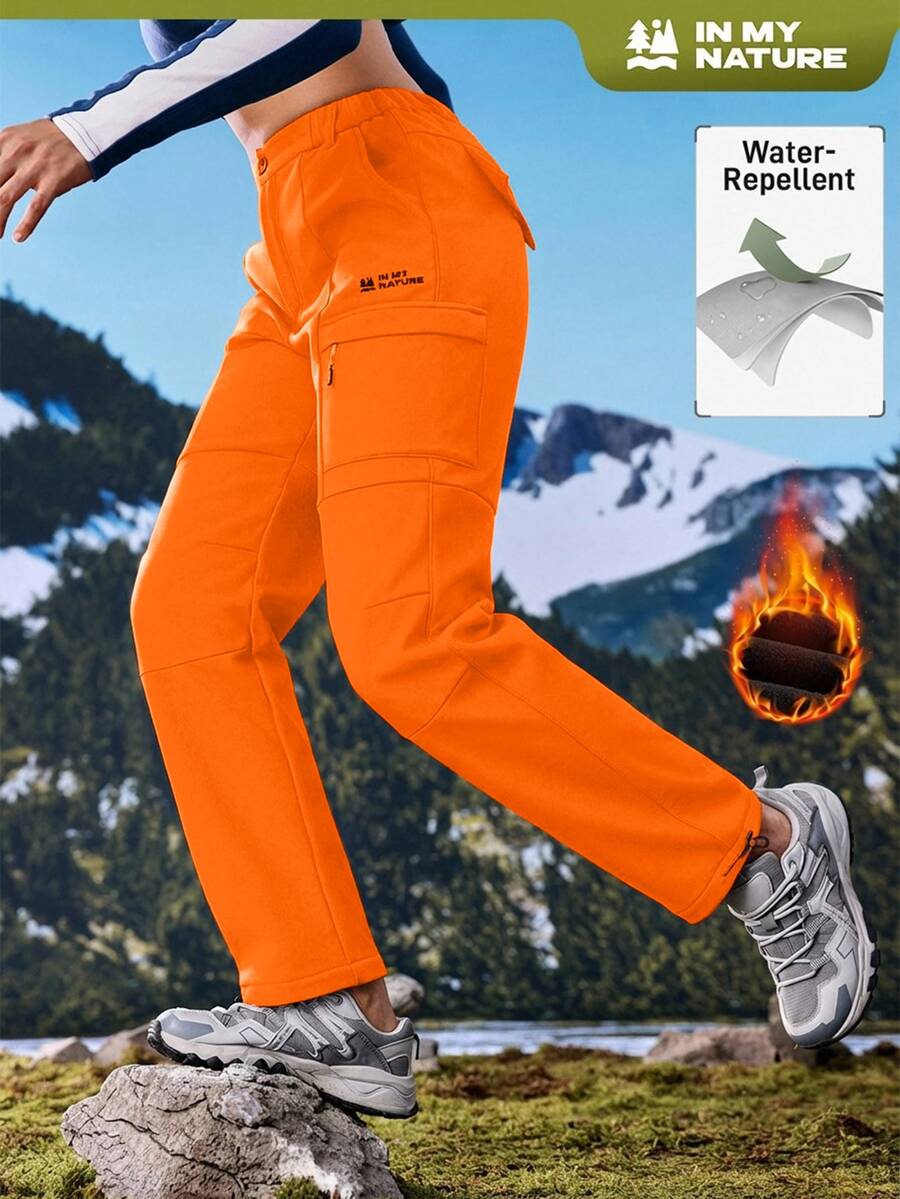 SHEIN Sports Celana Hiking Wanita dengan Motif Huruf, Kantong Resleting, Potongan Longgar, dan Lapisan Bulu Domba - Coral Orange - View 1