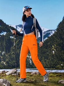 SHEIN Sports Celana Hiking Wanita dengan Motif Huruf, Kantong Resleting, Potongan Longgar, dan Lapisan Bulu Domba - Coral Orange - View 12