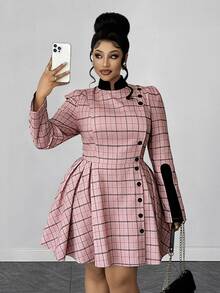 Maweii Plus Size Vintage Sweet Plaid Cinched Waist Button Pleated Dress Fall - Multicolor - View 1