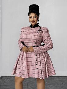Maweii Plus Size Vintage Sweet Plaid Cinched Waist Button Pleated Dress Fall - Multicolor - View 5