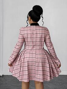 Maweii Plus Size Vintage Sweet Plaid Cinched Waist Button Pleated Dress Fall - Multicolor - View 2