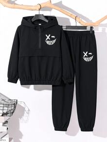 SHEIN Explorewe 2件組男孩極簡高街印花連帽梭織夾克與錐形長褲套裝，舒適面料，獨特版型，適合運動與休閒穿著，多場合百搭 - 黑色 - 查看 2