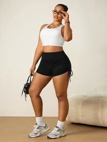 SHEIN Unity Women's Plus Size Solid Color High Waist Side Drawstring Athletic Shorts Active Gym Black Summer - Black - View 6