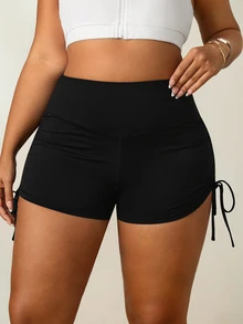 SHEIN Unity Women's Plus Size Solid Color High Waist Side Drawstring Athletic Shorts Active Gym Black Summer - Black - View 2