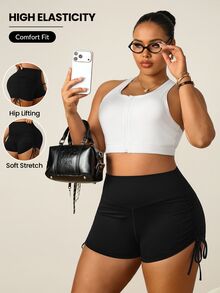SHEIN Unity Women's Plus Size Solid Color High Waist Side Drawstring Athletic Shorts Active Gym Black Summer - Black - View 4