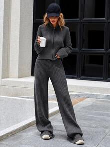 EURMUSE Drop Shoulder Zip Up Cardigan & Knit Pants - Dark Grey - View 8
