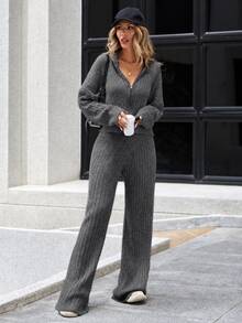 EURMUSE Drop Shoulder Zip Up Cardigan & Knit Pants - Dark Grey - View 6