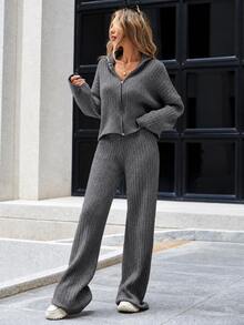 EURMUSE Drop Shoulder Zip Up Cardigan & Knit Pants - Dark Grey - View 5