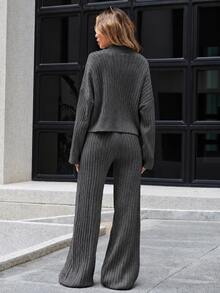 EURMUSE Drop Shoulder Zip Up Cardigan & Knit Pants - Dark Grey - View 2